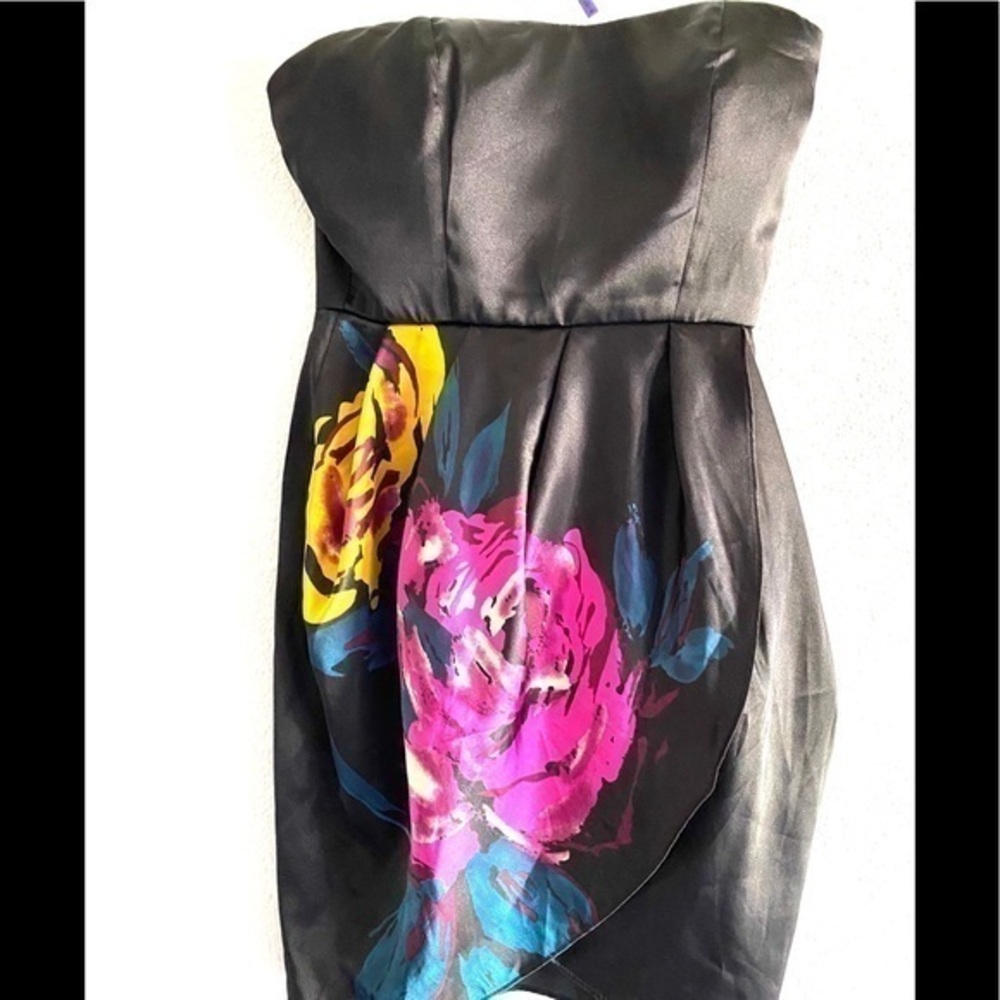 Forever 21 strapless black satin floral dress -S